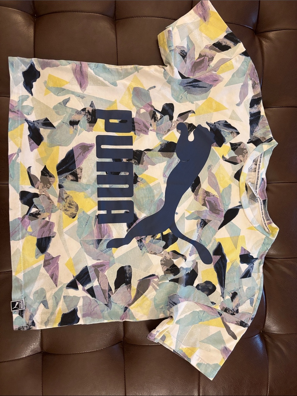 Puma crop Tee with Navy Logo and Pastel Print